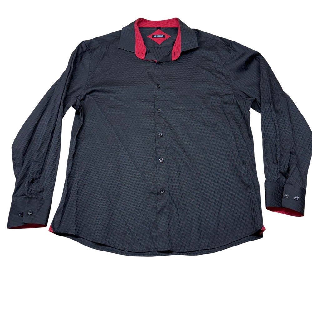 Bespoke Mens Black Striped Button Down Shirt Red Contrast Collar Long Sleeve XL